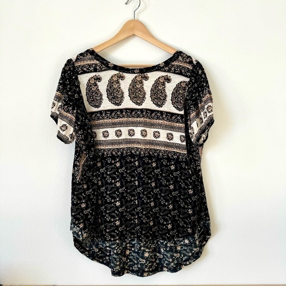 Free People Paisley Tee Shirt Blouse Black Brown XS - Picture 4 of 14